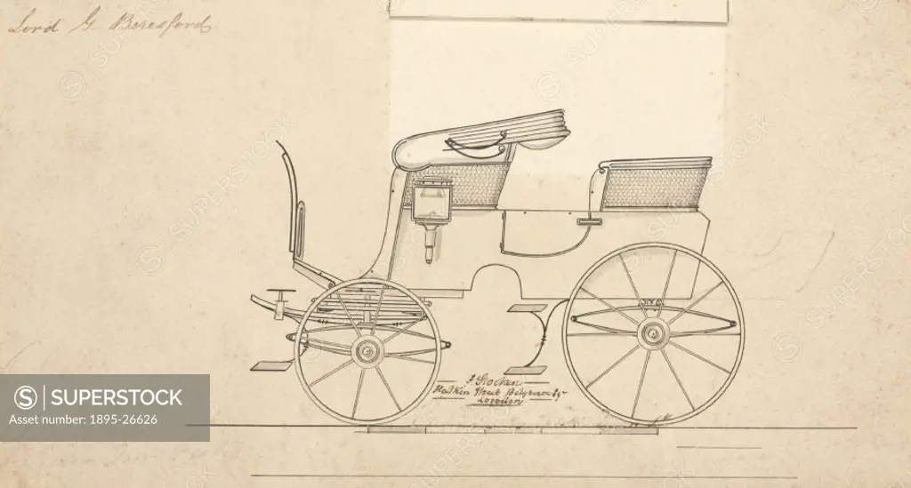 Drawing, one of ten pen and ink design for carriages manufactured by F Stocken, coach and harness maker, London. This particular design was for Lord G...