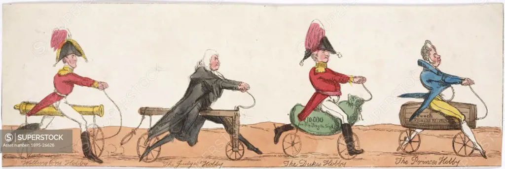 ´Hand-coloured caricature: men on hobby horses of designs reflecting their professions. The Duke of Wellington rides a cannon, the Judge a gibbet, ano...