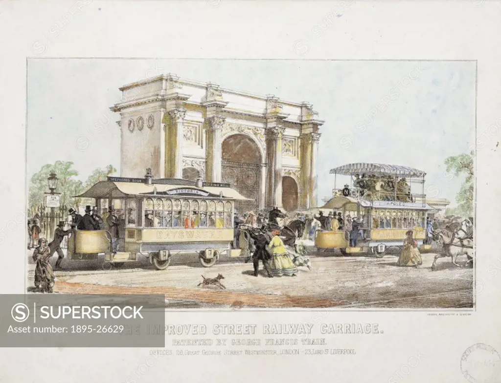 Lithograph printed by Maclure, Macdonald and McGregor, showing a pair of the Street Railway Carriages patented by George Francis Train passing the Mar...