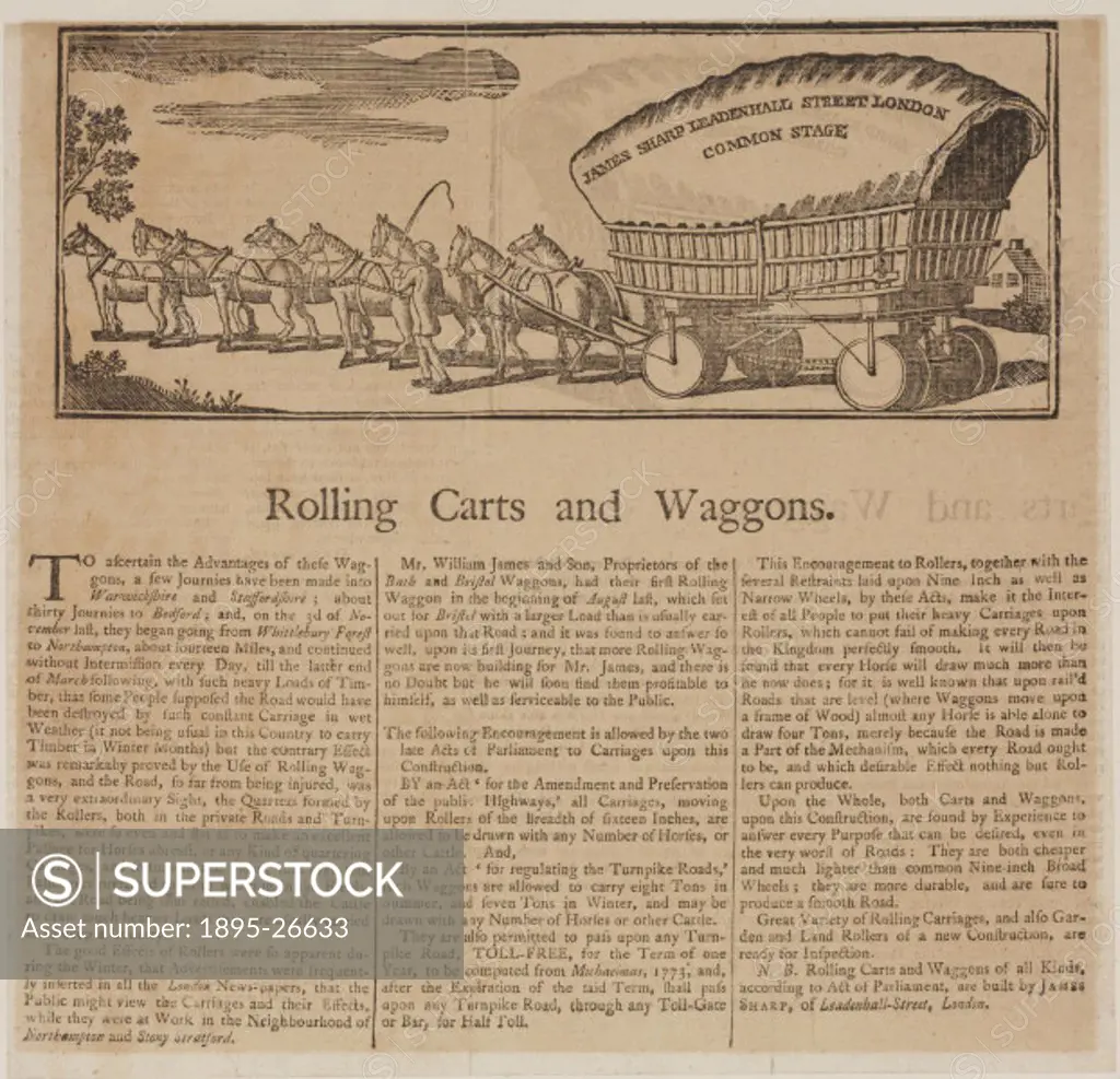 Letterpress handbill with a woodcut showing a large covered wagon on wide rollers rather than wheels, being pulled by a team of eight horses. The hand...