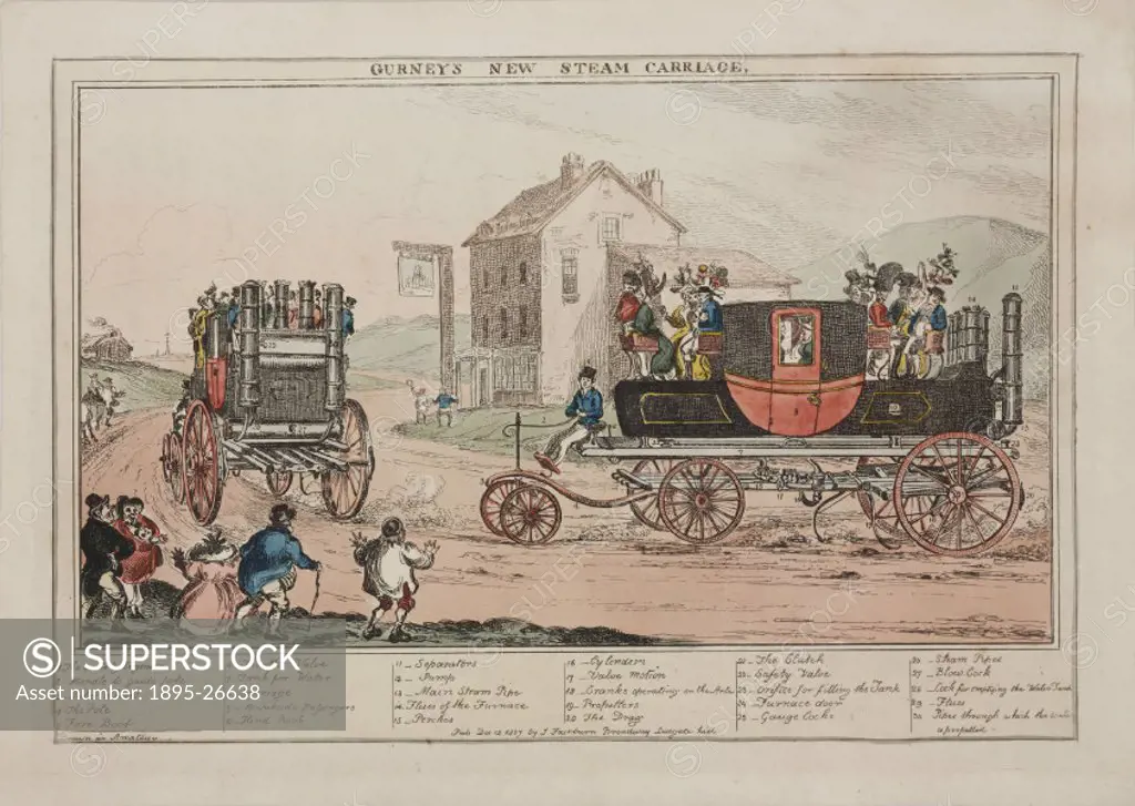 Engraving showing two examples of Gurney´s steam carriages on the road, with annotations explaining the mechanics of the vehicles. Influenced by meeti...