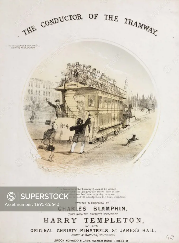 Chromolithographed music cover of The Conductor of the Tramway’, written and composed by Charles Blamphin and sung with the greatest success’ by Har...