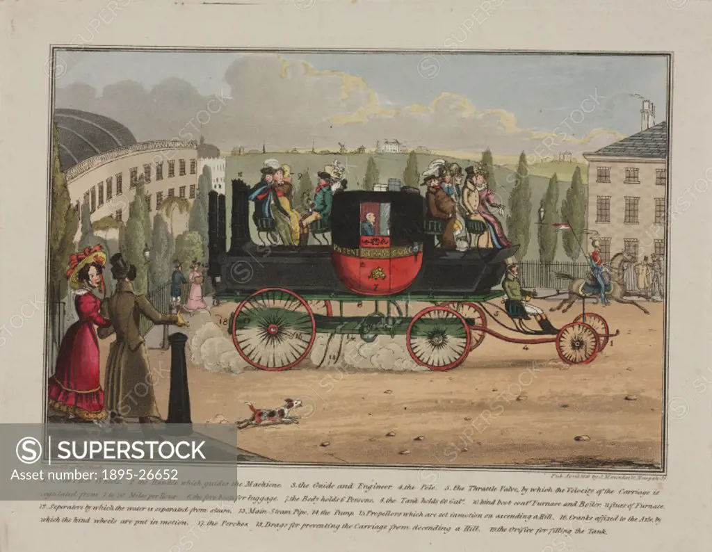 Coloured aquatint, drawn and engraved by H Heath, showing passengers riding on a steam-powered coach. In 1803 the Cornish engineer Richard Trevithick ...