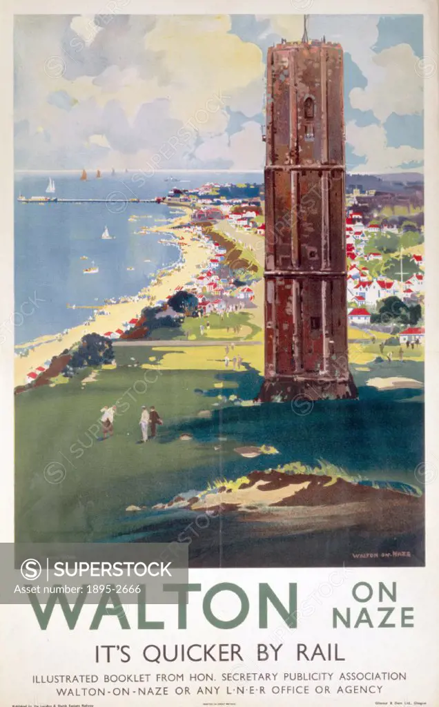 Poster produced for the London & North Eastern Railway, showing a view of this Essex coastal resort from a cliff-top golf course, beside a tower or fo...