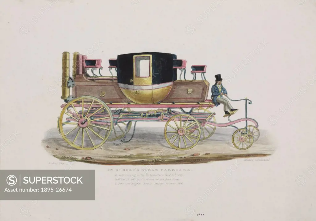 ´Handcoloured lithograph by G Scharf, The inscription on the lithograph reads; ´Mr Gurney´s steam carriage as seen running in Regent´s Park Novr 6th 1...