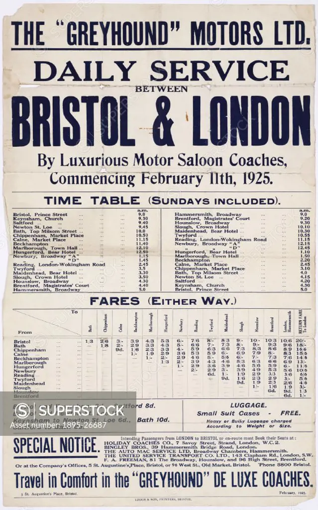 Poster setting out the timetable for daily coach services between Bristol and London provided by Greyhound Motors Ltd. When Greyhound Motors started t...