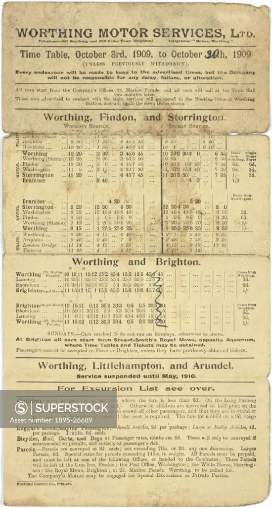 Timetable of bus services connecting Worthing and various other towns in Sussex, for the month of October 1909, provided by Worthing Motor Services.