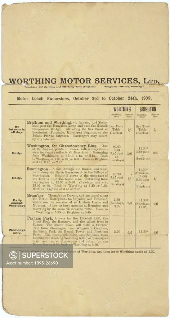 Schedule of motor coach excursions for the month of October 1909, provided by Worthing Motor Services.