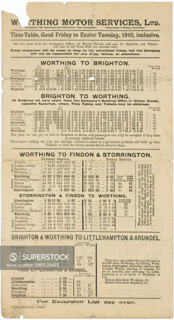 Timetable of bus services connecting Worthing and various other towns in Sussex over the Easter period, 1909, provided by Worthing Motor Services.