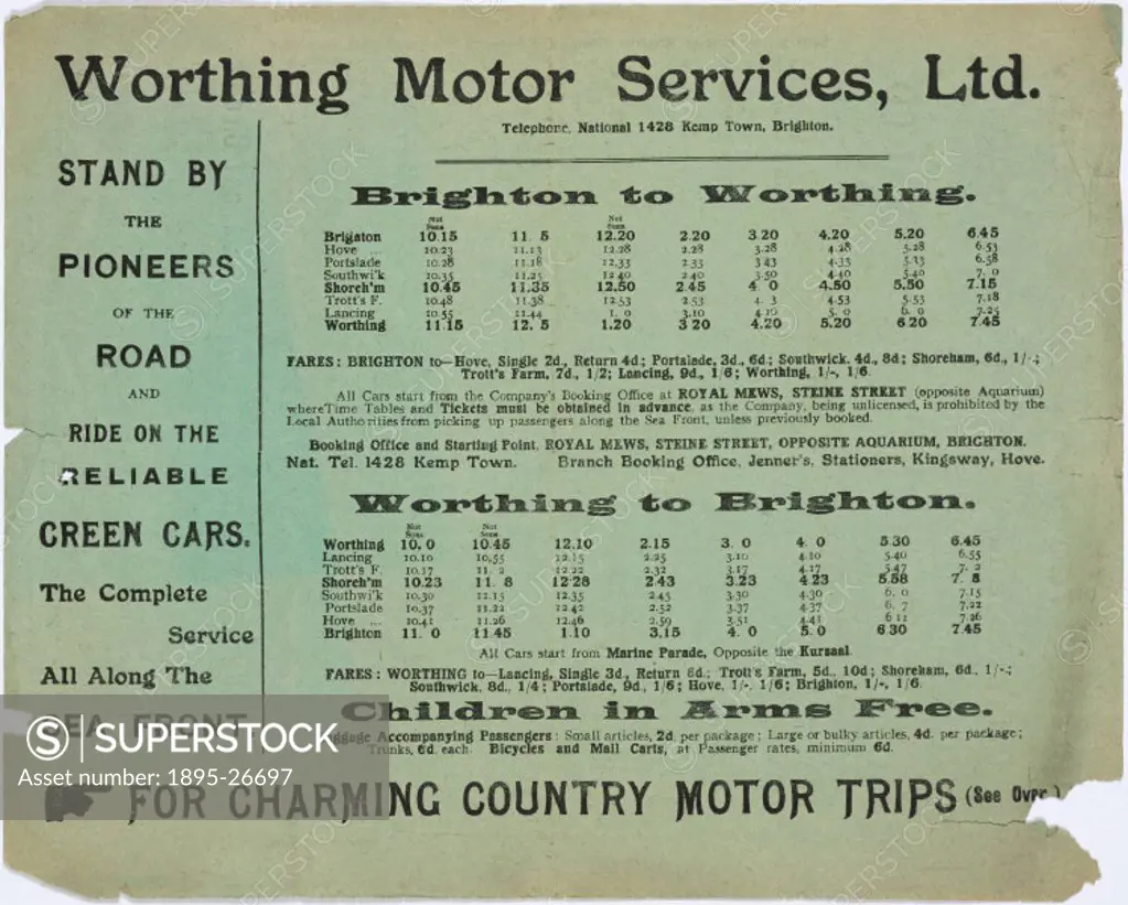 Timetable of bus services provided by Worthing Motor Services connecting Worthing and Brighton, Sussex.