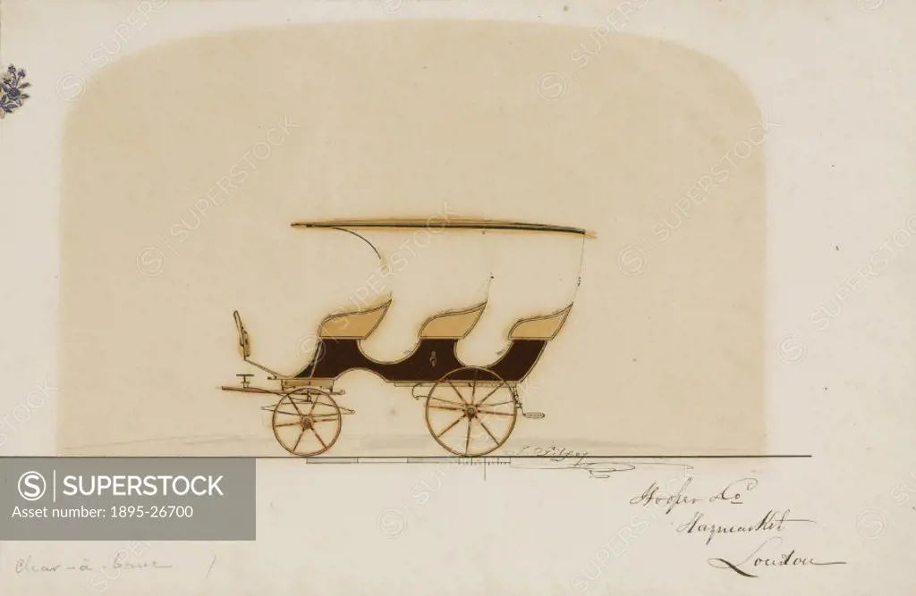 Drawing by J Gilfoy of a design for a horse-drawn charabanc with three rows of seats produced by the coachbuilders Hooper & Co. The firm was establish...
