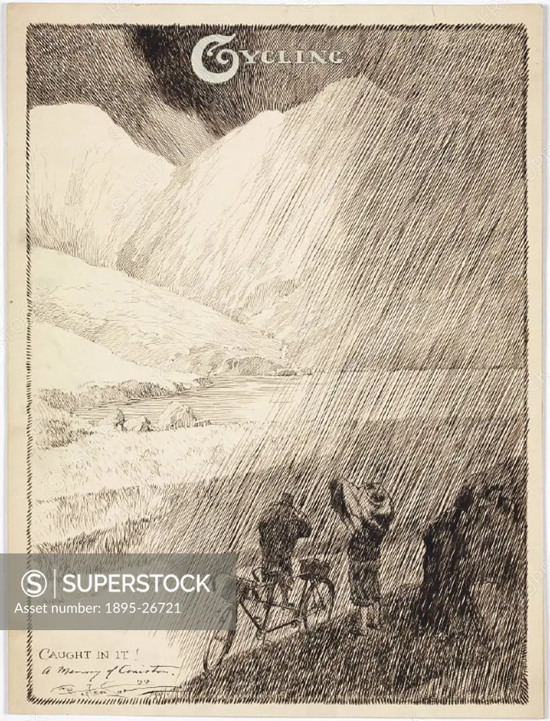 Pen and ink drawing by Frank Patterson, one of a series on cycling. It shows two cyclists on a ride beside Coniston Water in the Lake District, hurrie...