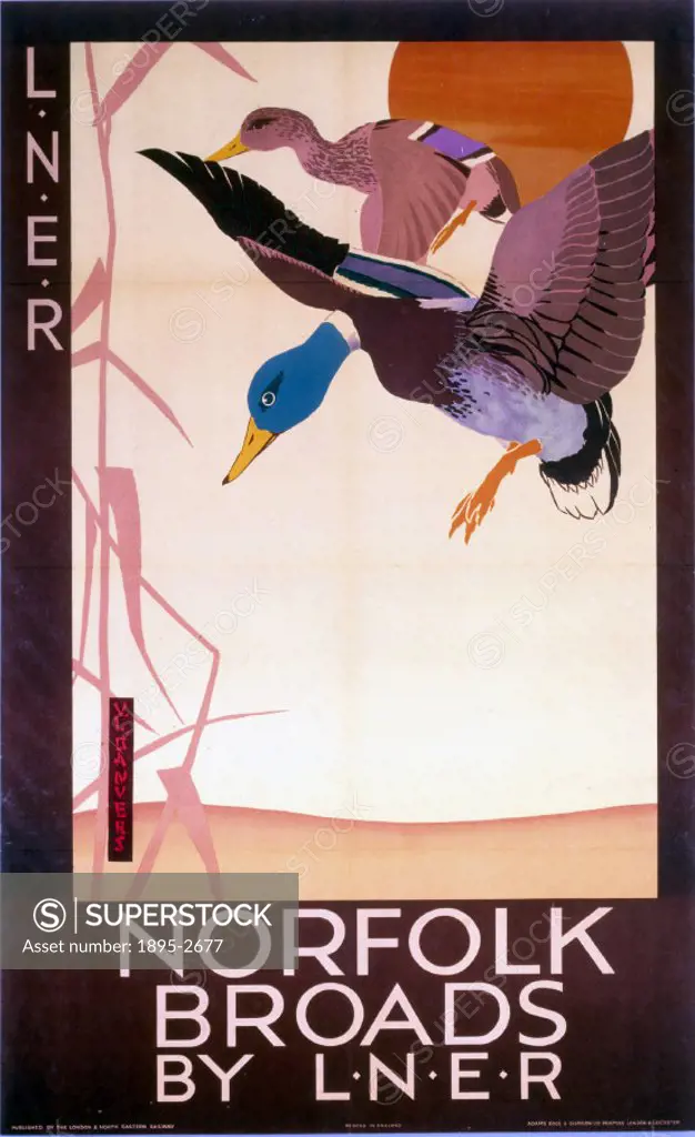 Poster produced for London & North Eastern Railway (LNER) to promote rail travel to the Norfolk Broads, showing a pair of flying mallard ducks. The No...