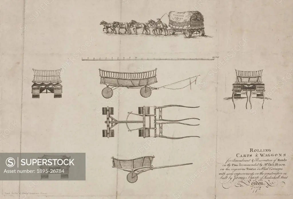 Engraving by Dent. Wagons using wide rollers rather than wheels were proposed as a means of transporting heavy loads without damaging the road surface...