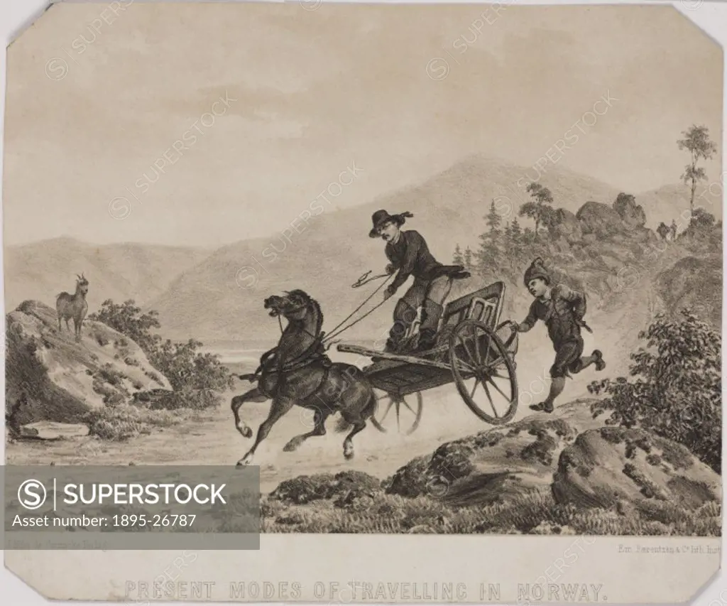 Lithograph printed by E Baerentzen & Co after a drawing by J E de Conincks, showing a man driving along a road in a  in a horse-drawn cart, with a sma...