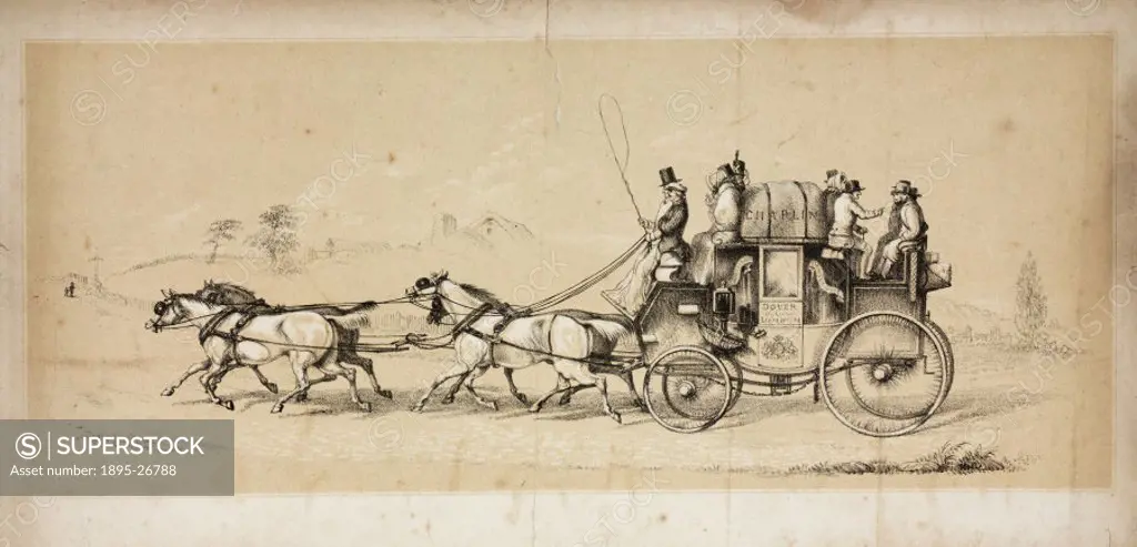 Three colour lithograph showing a horse-drawn coach travelling between London and Dover, Kent.