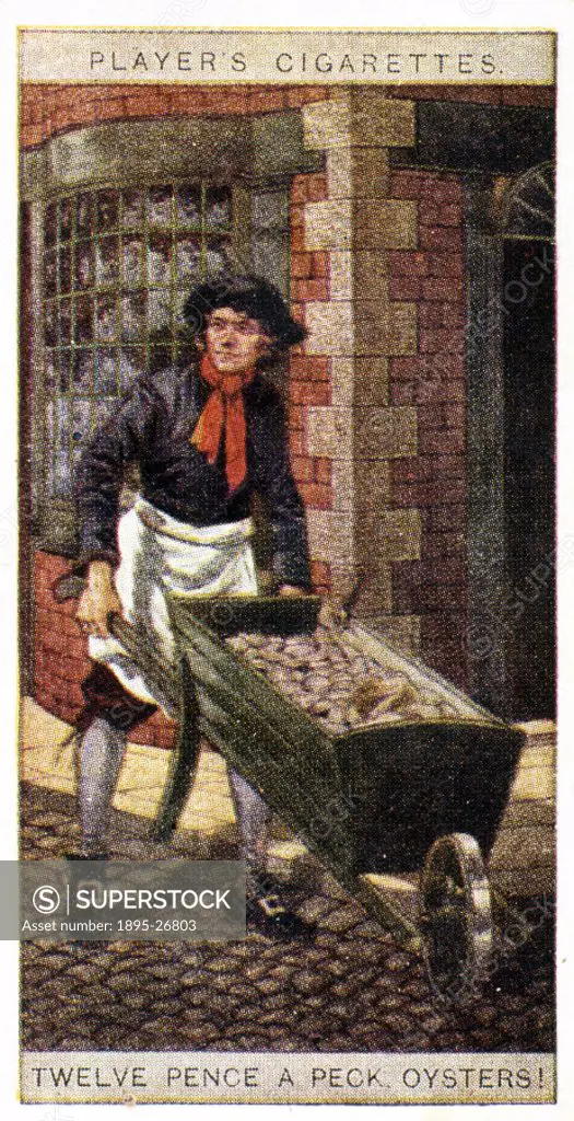 A street hawker in a necktie, cap and apron with a barrow full of oysters. Number 18 in the 1916 series Cries of London, 2nd Series’ by John Player &...