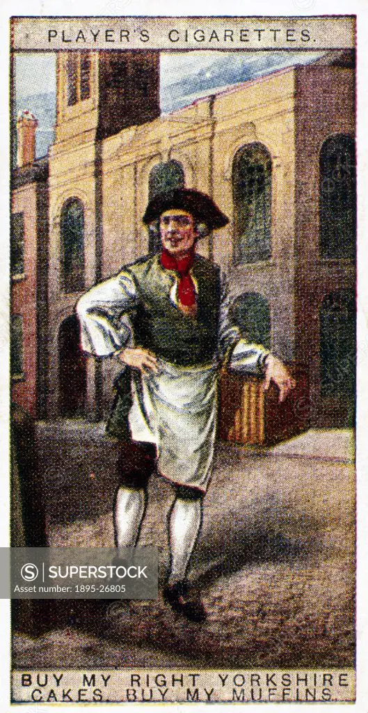 A street hawker in a breeches and stockings, necktie, cap and apron with a basket of cakes over his arm outside a church-like building. Number 21 in t...