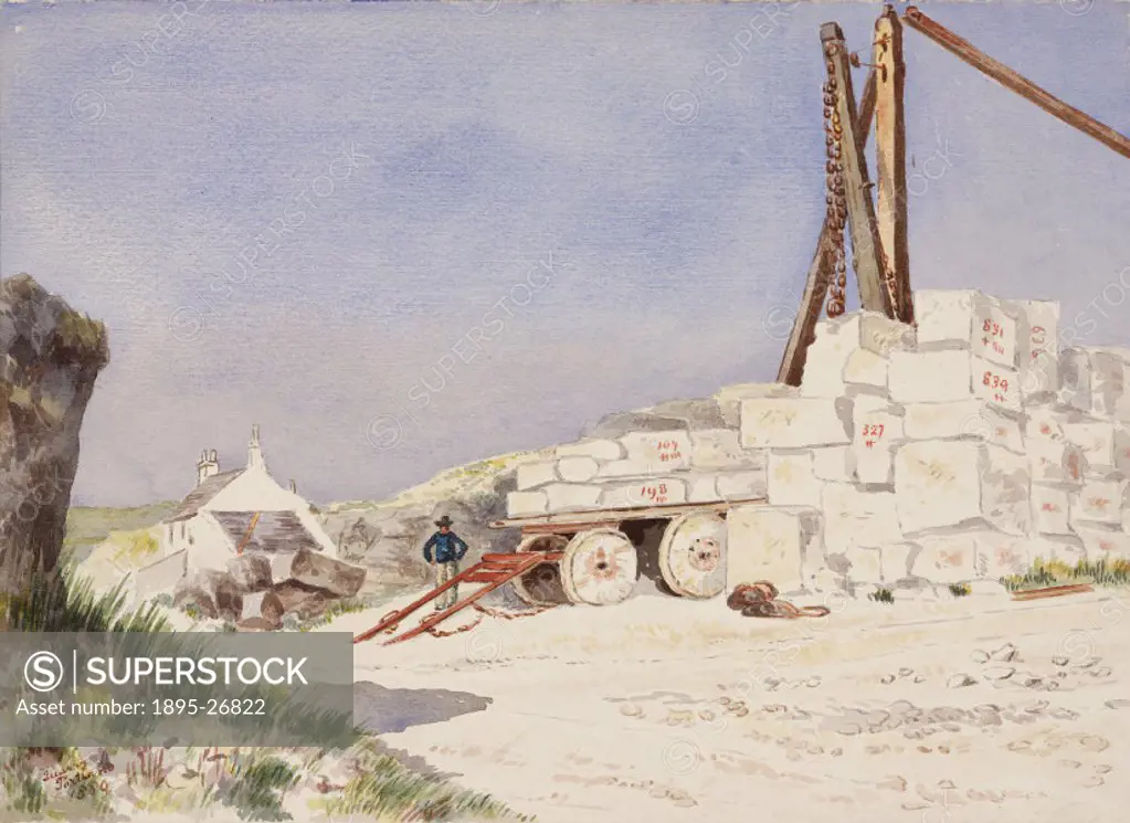 Watercolour showing numbered blocks, lifting tackle and a large haulage cart. Portland stone is a type of limestone used in building.
