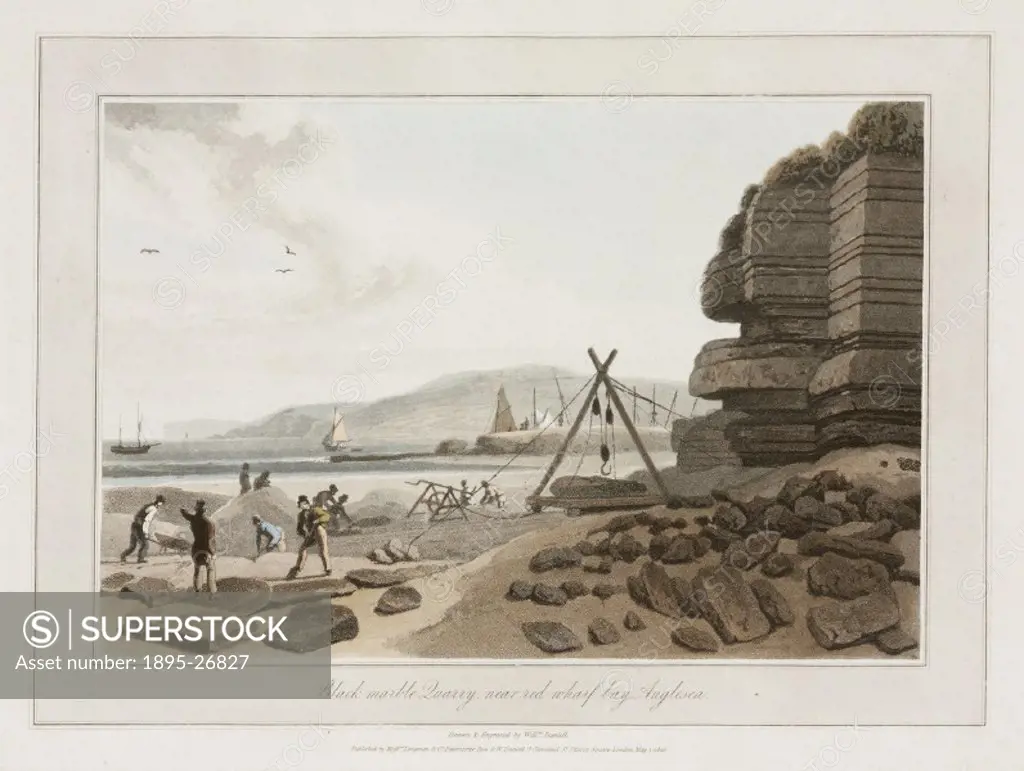 Coloured aquatint drawn and engraved by William Daniell, showing lumps of stone ready for lifting by workmen, with overseers in the foreground. Publis...