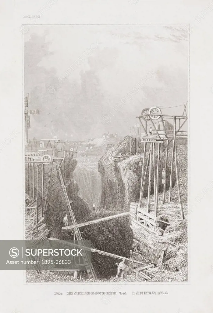 Engraving entitled Die Eisenbergwerke bei Dannemora’, (The Eisenberg works near Dannemora). Miners use long ladders to access the mine shaft, winding...