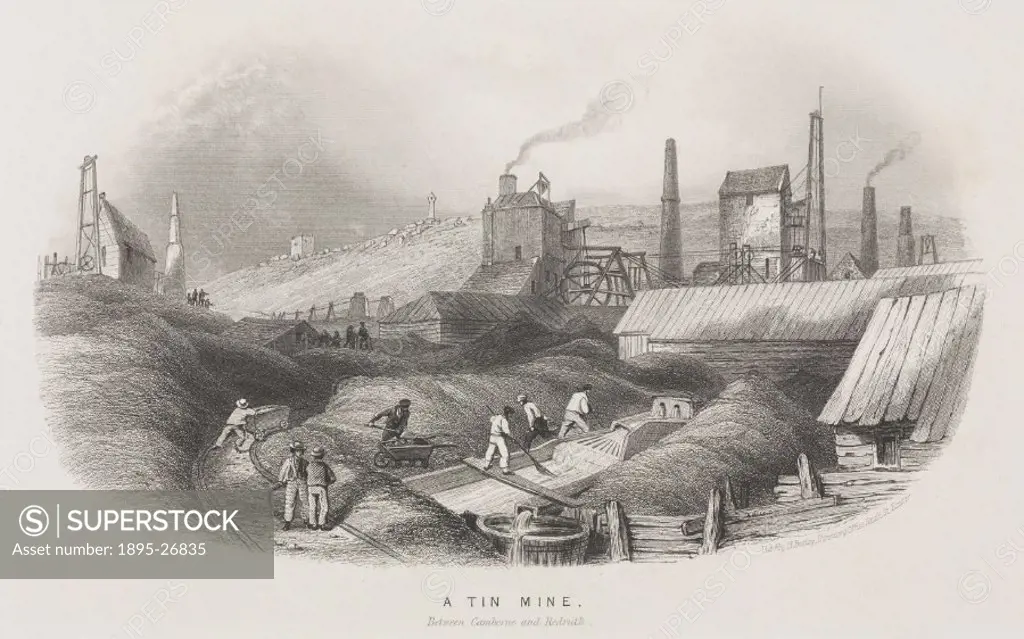 Engraving by G Townsend, showing labourers at work at a Cornish tin mine.