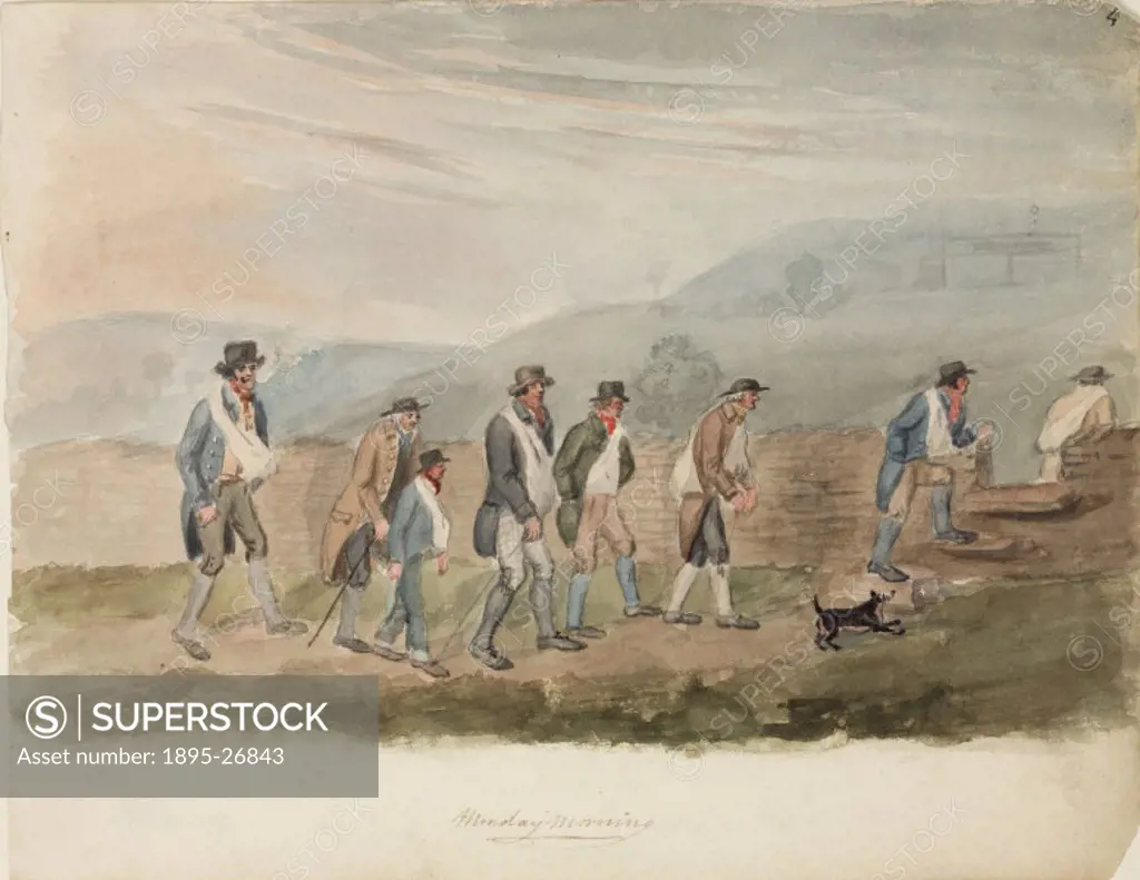 Watercolour, labelled Monday Morning’, showing miners walking to work. One of a set of 66 watercolours and pen and ink sketches of aspects of lead mi...