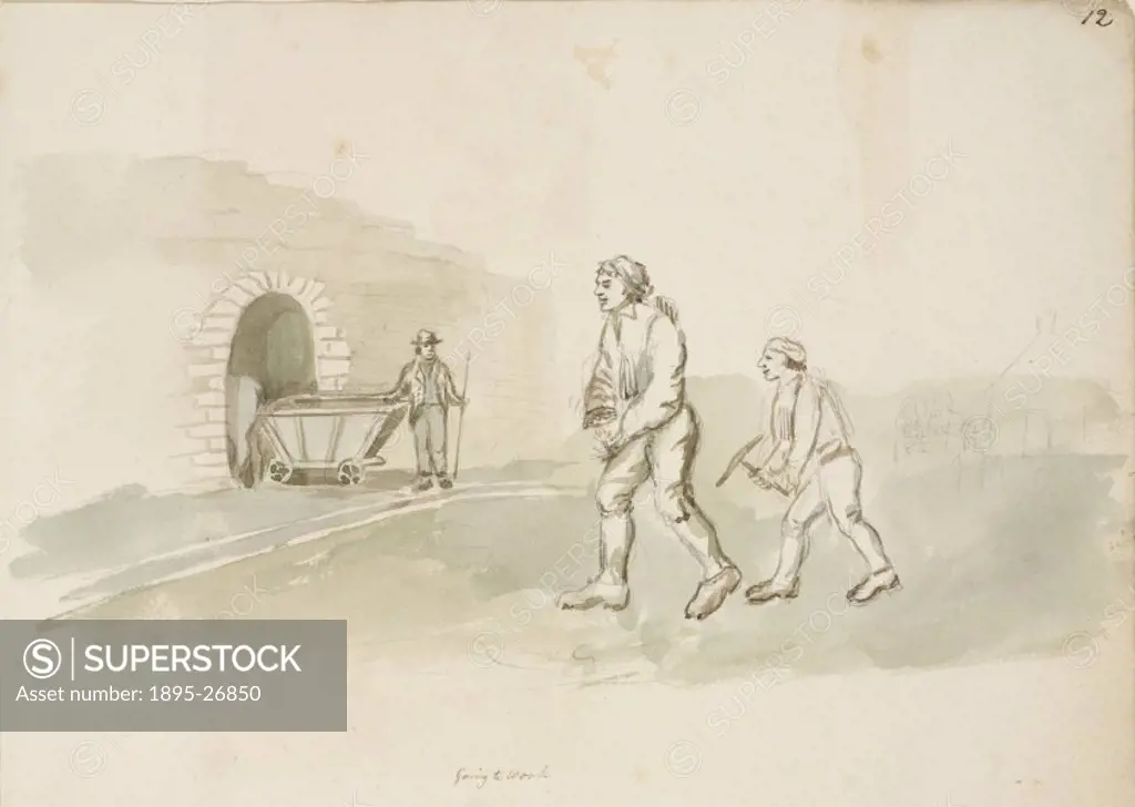 Pen and wash sketch labelled Going to Work’, showing workers with tools outside the entrance to a mine. One of a set of 66 watercolours and pen and i...