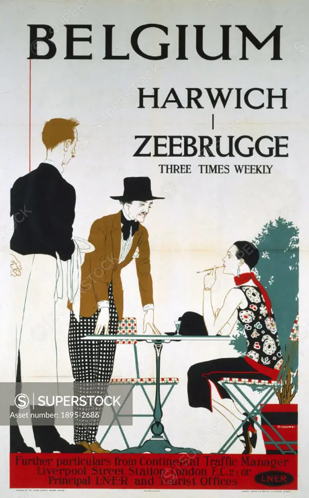 Poster produced for the London & North Eastern Railway (LNER) to advertise Harwich as a gateway to the continent. Illustrated with a fashionably dress...