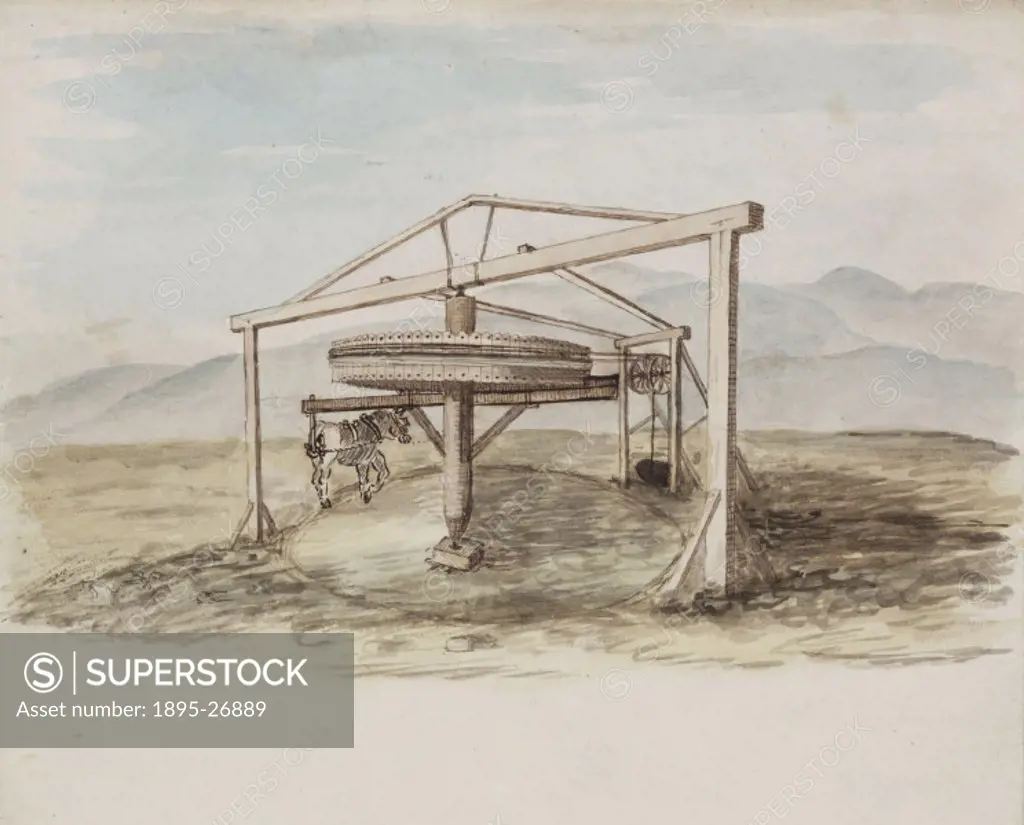 Watercolour, showing a horizontal wheel suspended from a wooden frame, labelled Whimsey’. One of a set of 66 watercolours and pen and ink sketches of...