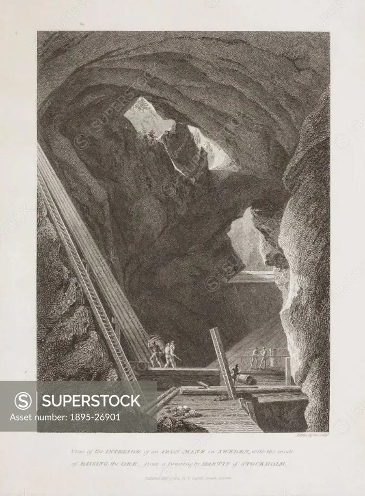 Engraving by L Byrne after Martin of Stockholm, showing a view inside a Swedish iron mine. Published by Cadell, London.