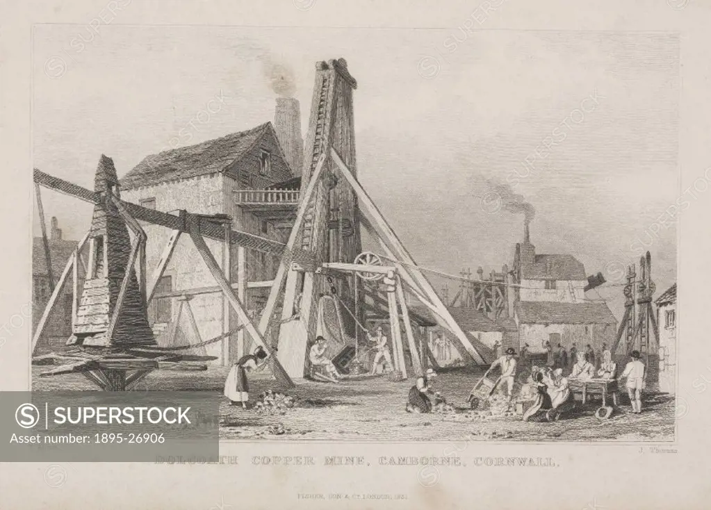 Engraving by J Thomas after T Allan, showing a general view of Dolcoath copper mine. Published by Fisher, Son & Co.
