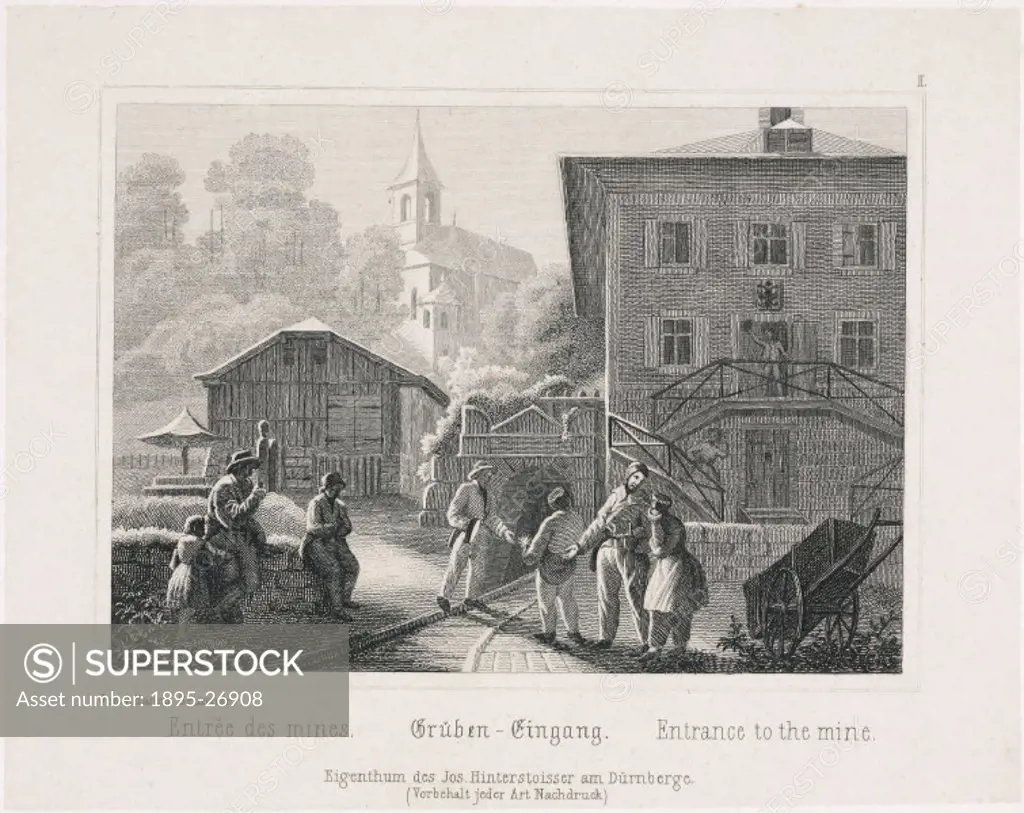 Engraving showing miners gathered at the entrance to a salt mine at Durrnberg (modern spelling), near Salzburg. In the foreground are the railway trac...