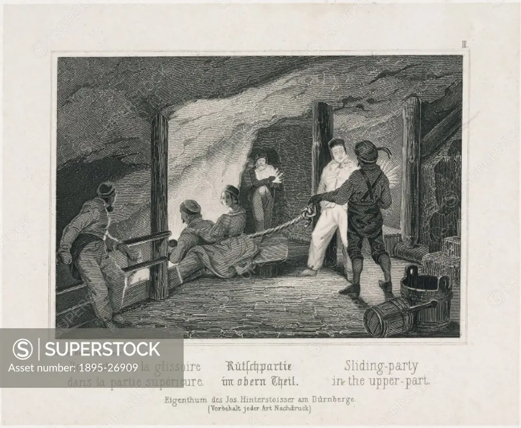 Engraving showing a party of tourists descending into a salt mine at Durrnberg (modern spelling), near Salzburg. One of a series of six engravings by ...