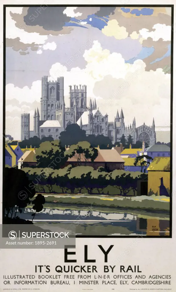 Poster produced for the London & North Eastern Railway (LNER) showing a view of the city´s huge Norman cathedral, with houses and a river in the foreg...