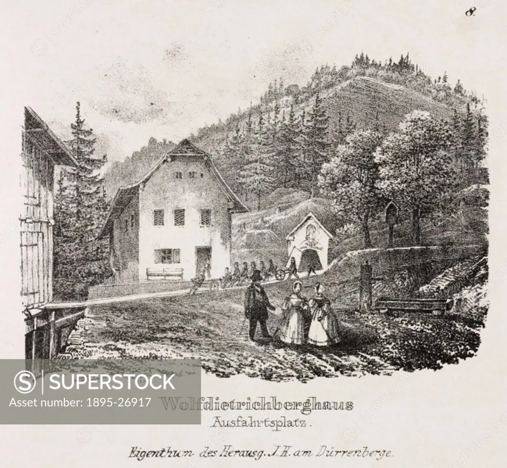 Lithograph by J Stiessberger of Salzburg, entitled ´Wolfdietrichberghaus´, showing one of the mining buildings and the entrance to a salt mine. This l...