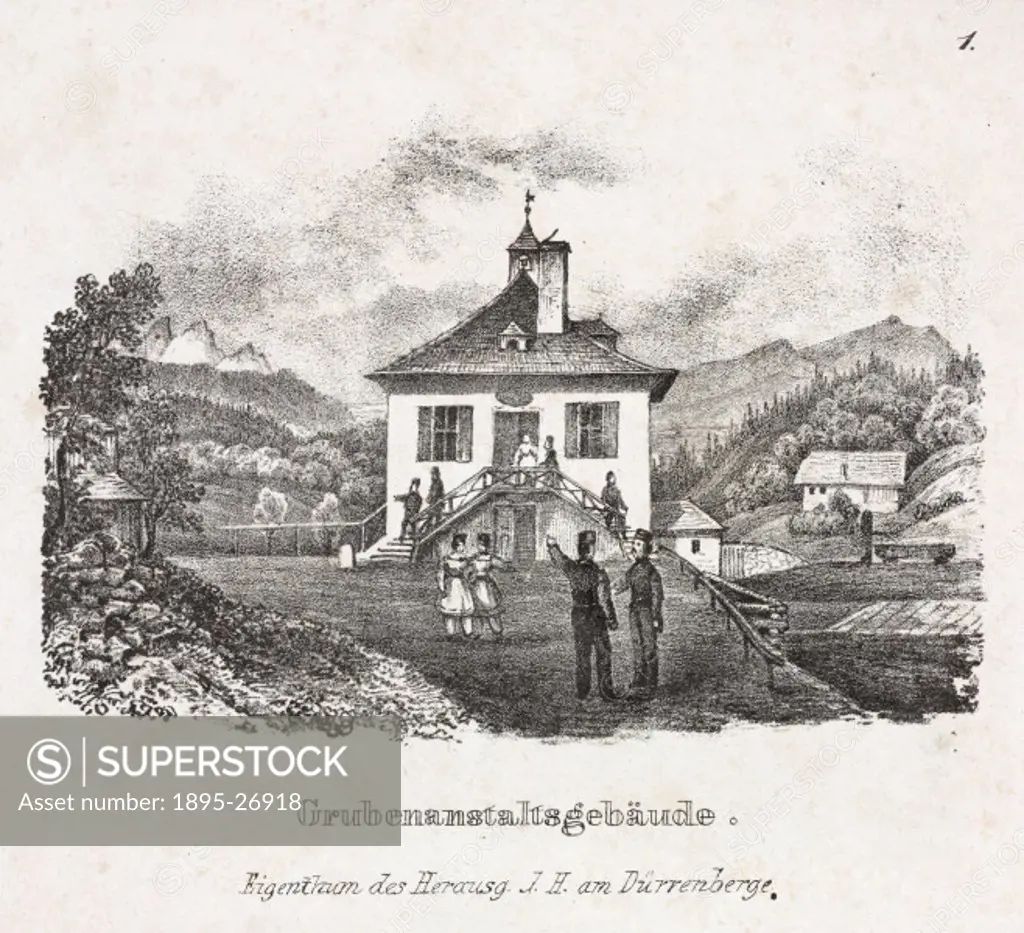 Lithograph by J Stiessberger of Salzburg, entitled ´Grubenanstaltsgebaude´, (mine buildings). This lithograph is one of eight salt mining scenes taken...