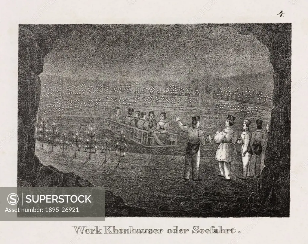 Lithograph by J Stiessberger of Salzburg entitled ´Werk Khonhauser oder Seefahrt´, showing a group of tourists crossing an underground lake in a salt ...