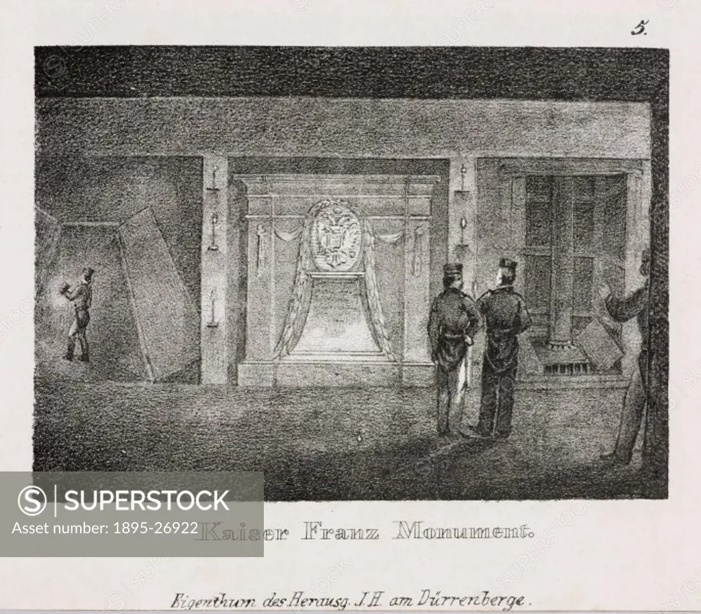 Lithograph by J Stiessberger of Salzburg, showing a view of an underground monument at the entrance to a salt mine. This lithograph is one of eight sa...