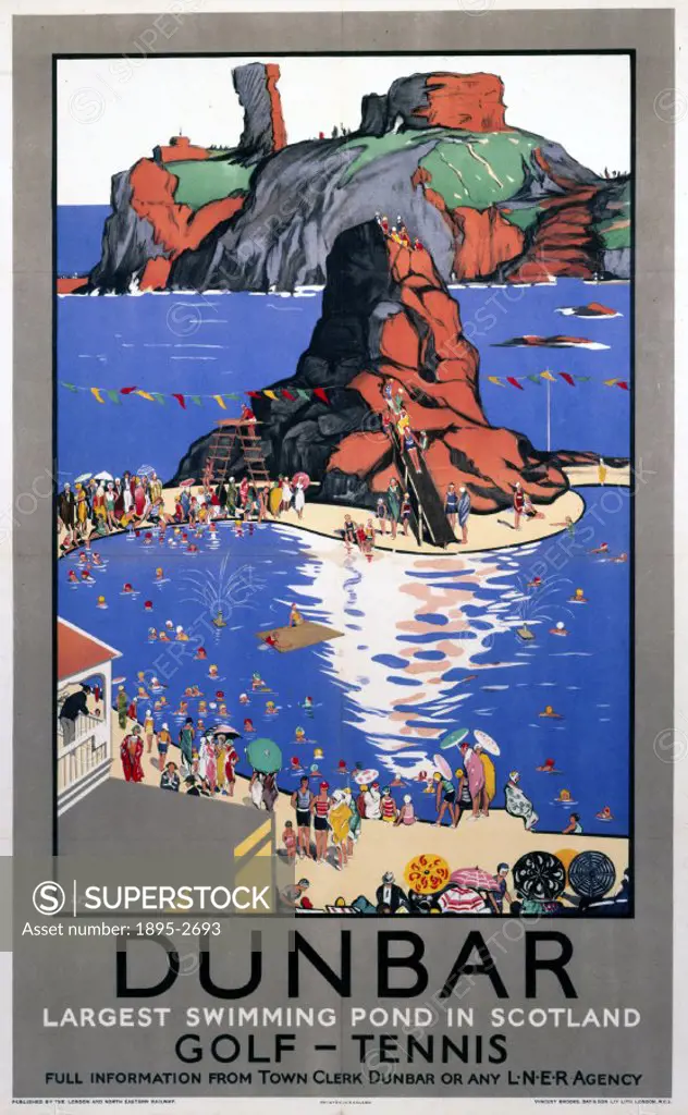 Poster produced for London & North Eastern Railway (LNER) to promote rail travel to the Scottish east coast resort of Dunbar, showing holidaymakers sw...