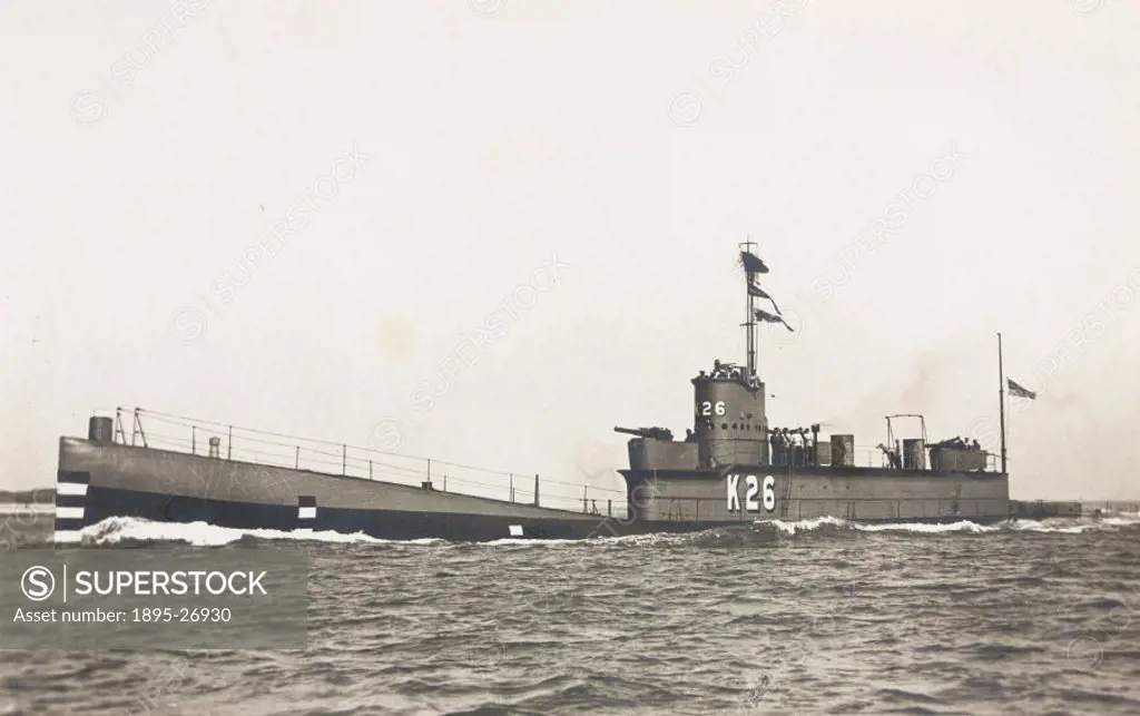 Photograph of  the K26 submarine. The K26 was completed in 1923 and sold for scrap in 1931.
