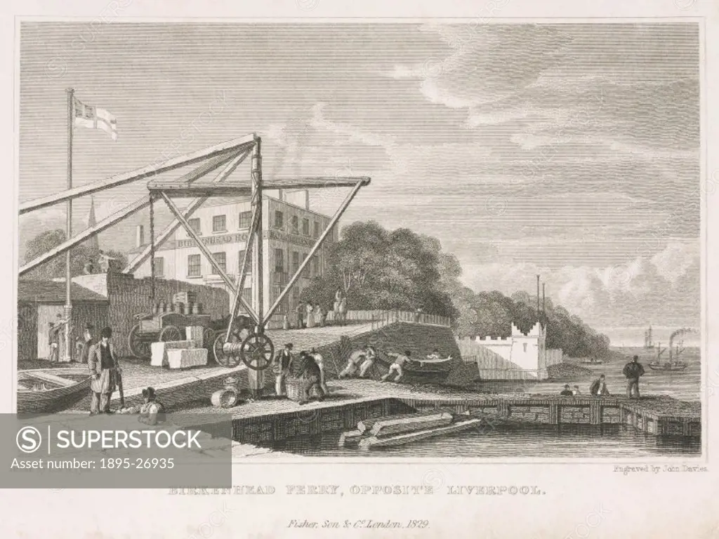 Print of an engraving by John Davies, after a drawing by C & G Pyne, of Birkenhead ferry. In the foreground men can be seen pushing a boat into the wa...