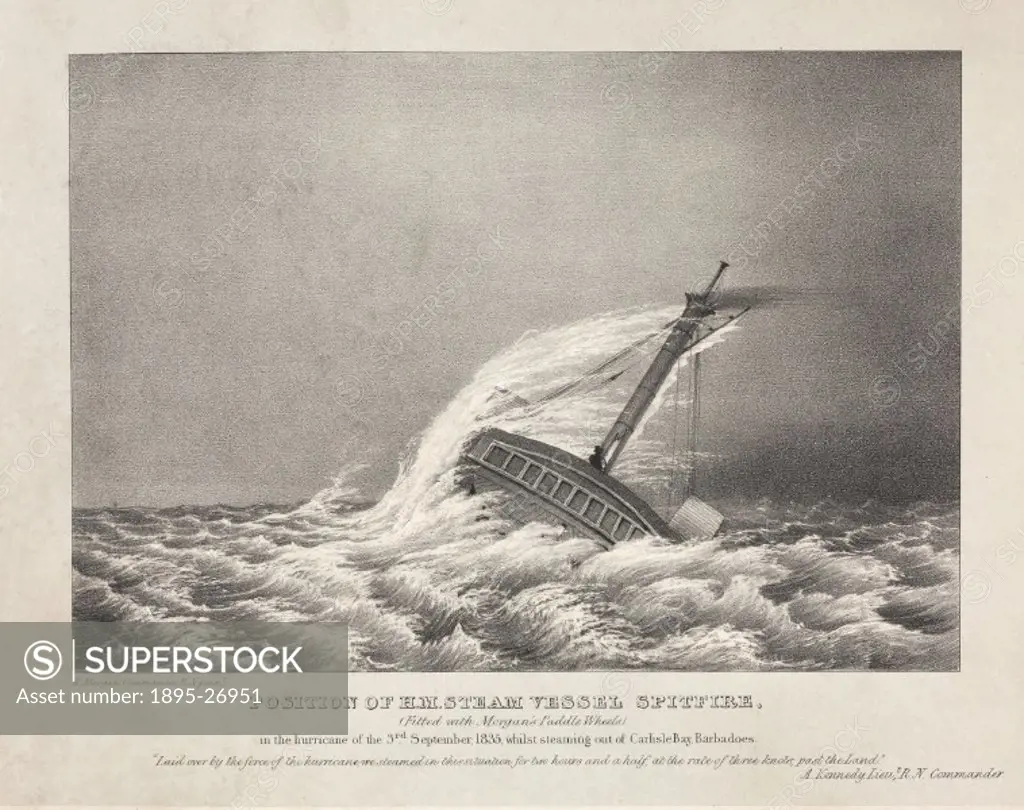 Lithograph on india paper by R Morgan illustrating H M Steam Vessel Spitfire in a hurricane on 3 September 1835 near Carlisle Bay, Barbados. The capti...