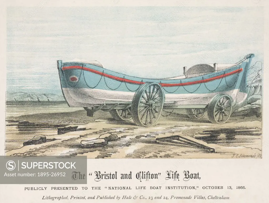 Print of an image drawn by J C Simmonds and published by Hales and Co, Cheltenham of the Bristol and Clifton Life Boat.