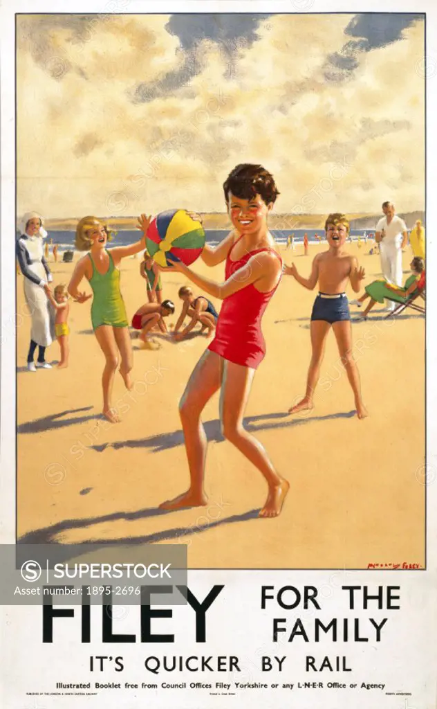 Poster produced for the London and North Eastern Railway (LNER) showing the North Yorkshire coastal resort of Filey. The artist is Michael Foley.
