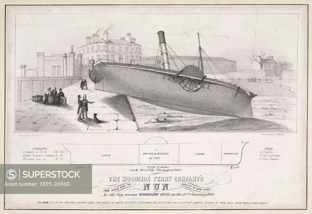 Lithograph by T B Horner of the Nun’ steam boat, built by John Laird, as she lay across a quay.