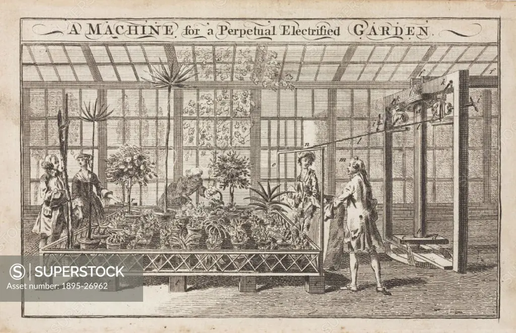 Engraving showing men and women in a greenhouse viewing a machine for a ´perpetual electrified garden´. A machine stands to one side and a number of p...