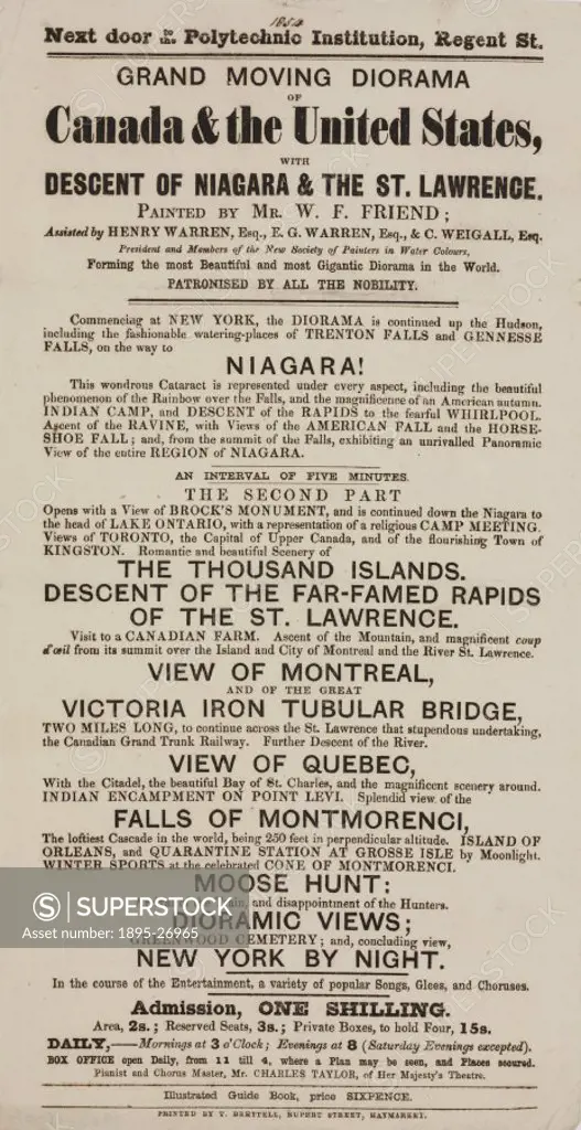 Letterpress notice promoting the Grand Moving Diorama of Canada & the United States with Descent of Niagara & the St Lawrence’ painted by W F Friend....