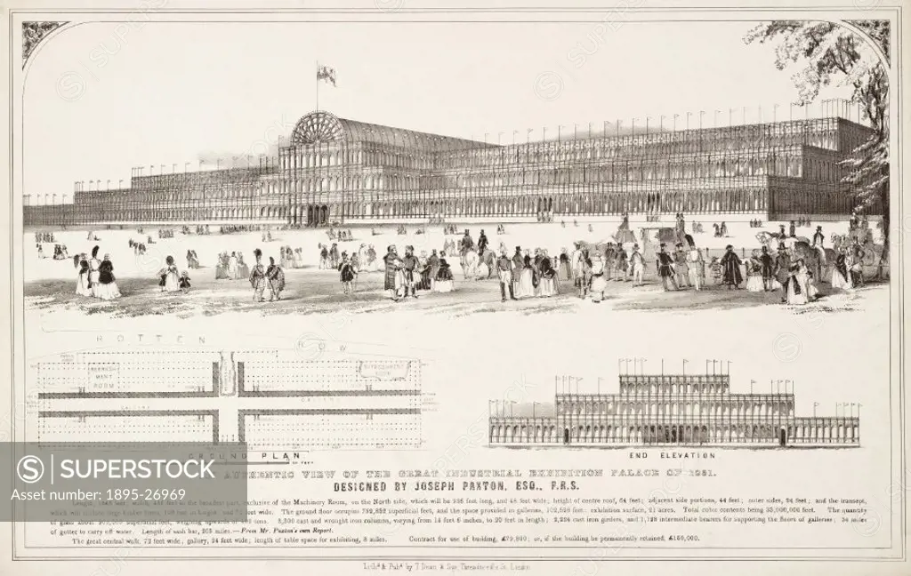Lithograph, perspective view of the Crystal Palace with a ground plan and end elevation, and a description of the sizes and quantity of materials used...