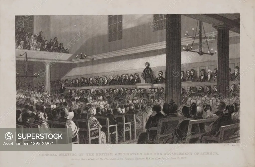 Engraving showing an audience of men and women listening to a speech by the president, Lord Francis Egerton, at the general meeting of the British Ass...